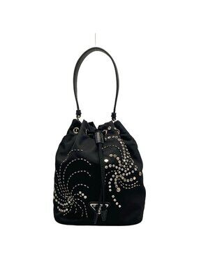 Prada Handbag Black Drawstring Line Stone Beads Studs Re-Nylon Leather